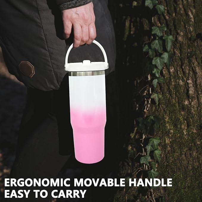 30 oz Tumbler with Handle and Straw, Vacuum Insulated Tumblers with Flip Straw and Top Handle, Leakproof Tumbler, Stainless Steel Travel Mug for Coffee Water, Cold for 20 Hours(Pink White Gradient)