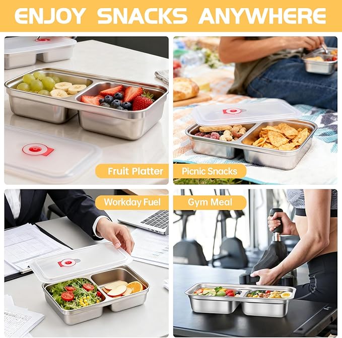 4 Pack Reusable Stainless Steel Snack Containers with Lids, Double Compartment Grab and Go Snack Food Storage Durable Portable for Adults Travel and Outdoor Camping Lunch Snack Boxes