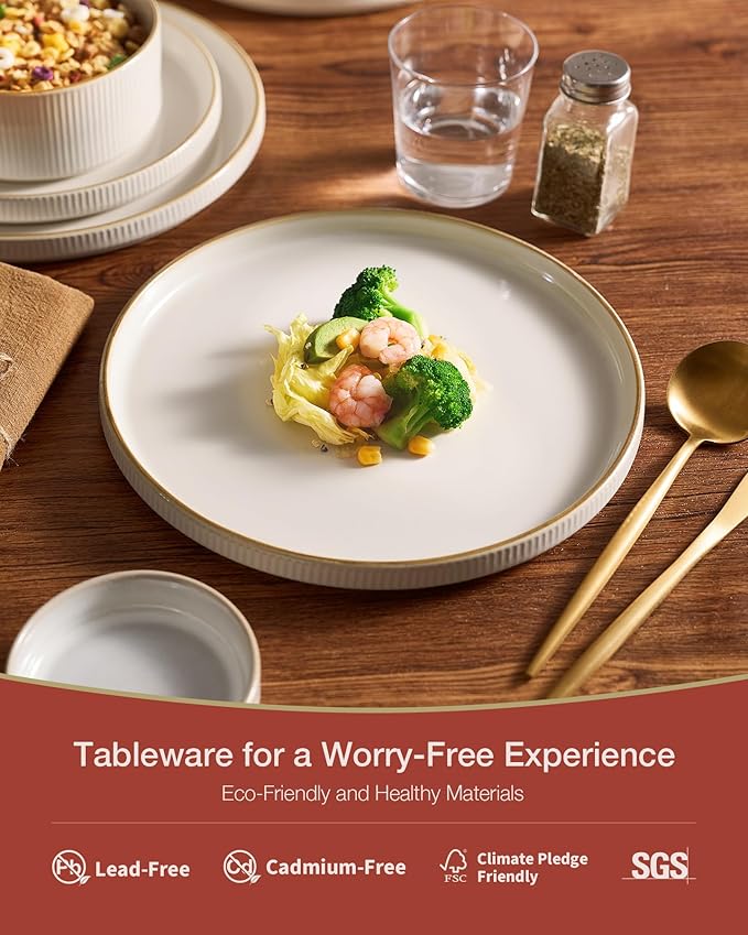 Famiware Star Dinnerware Set, Plates and Bowls Sets for 4 (12pcs), Ribbed Stoneware Dishes - Chip & Scratch Resistant, Microwave & Dishwasher Safe Tableware, White