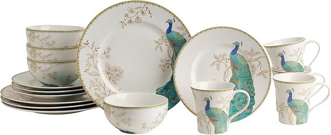 222 Fifth 16-Piece Porcelain Dinnerware Set for 4, Elegant Plates and Bowls Sets-White, Teal, Gold Ceramic Dishes, Chip Proof Kitchen and Dining Dish Set, Microwave & Dishwasher Safe, Peacock Garden