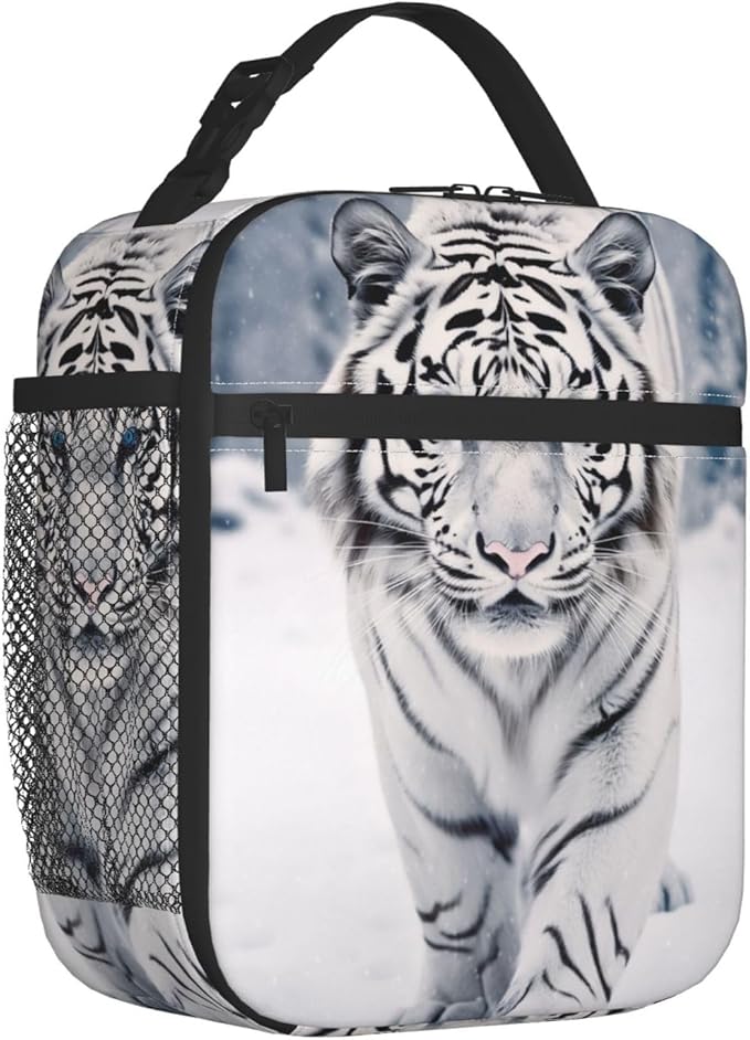 Reusable White Tiger Lunch Box for Kids, Insulated Snowy Forest Striking Blue-Eyed Tigers Bag,Polyester Cooler Animal Lovers Handbags Case for School Picnic Work Travel Beach or Hiking, Gifts
