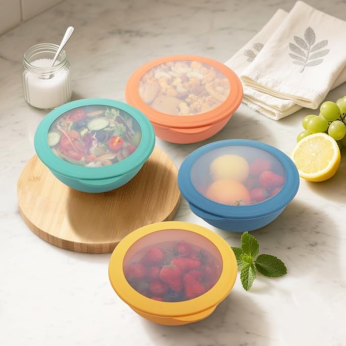 Wheat Straw Bowls Set with Lids, Unbreakable 40 OZ Cereal Bowls Set of 4, Salad Container for Lunch, Microwave & Dishwasher Safe Bowl Set for Kitchen, Picnic, RV, Camping, Multi