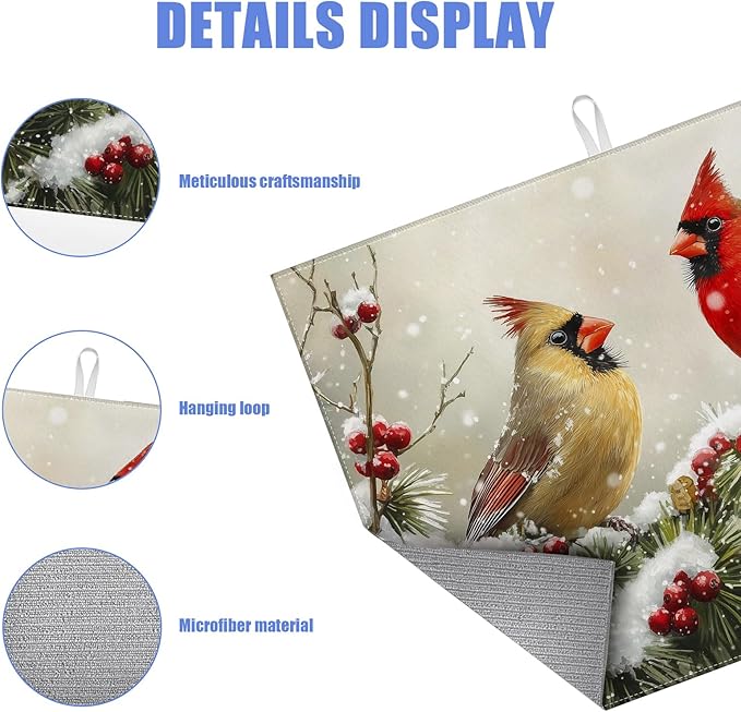 Winter Cardinal Bird Dish Drying Mat for Kitchen Counter Snow Drying Pad Absorbent Reversible Dish Drainer Rack Mats Draining Pad 18"x24"Inch
