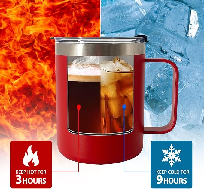 8pack 12oz Coffee Mug With Handle Bulk, Stainless Steel Insulated Travel Tumblers With,Double Wall Vacuum Camping Cup for Hot & Cold Drinks Tea (red)