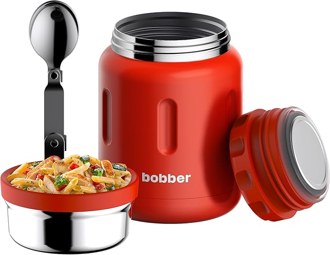 BOBBER 24 oz Insulated Stainless Steel Food Thermos for Hot Food, Extra-Wide Mouth Lunch Container for Adults with Spoon and Bowl, Dishwasher Safe - Keeps Meals Hot for 14 Hours (Red)