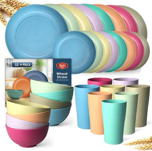 Teivio 32-Piece Kitchen Plastic Wheat Straw Dinnerware Set, Service for 8,Dinner Plates, Dessert Plate, Cereal Bowls,Cups,Unbreakable Colorful Plastic Outdoor Camping Dishes for Patio,Hues Multicolor