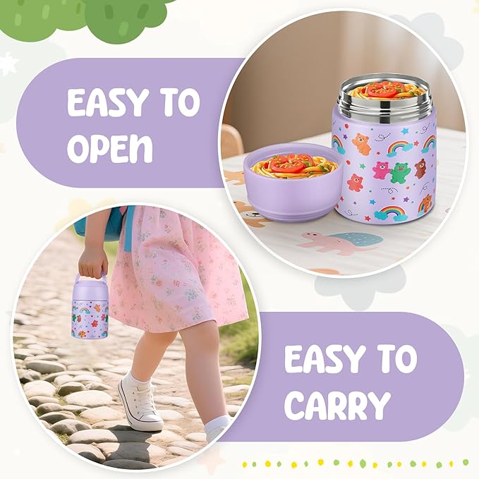 10oz Soup Thermo for Hot Food Kids Insulated Food Jar with Spoon Wide Mouth Stainless Steel Lunch Container Leak Proof Vacuum Food Box for School Travel Picnic Purple Bear