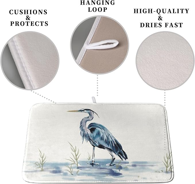 Summer Dish Drying Mat Blue White Heron Beach Absorbent Microfiber Drying Mats for Kitchen Counter Coastal Nautical Birds Dishes Drainer Mat 16x18 Inch