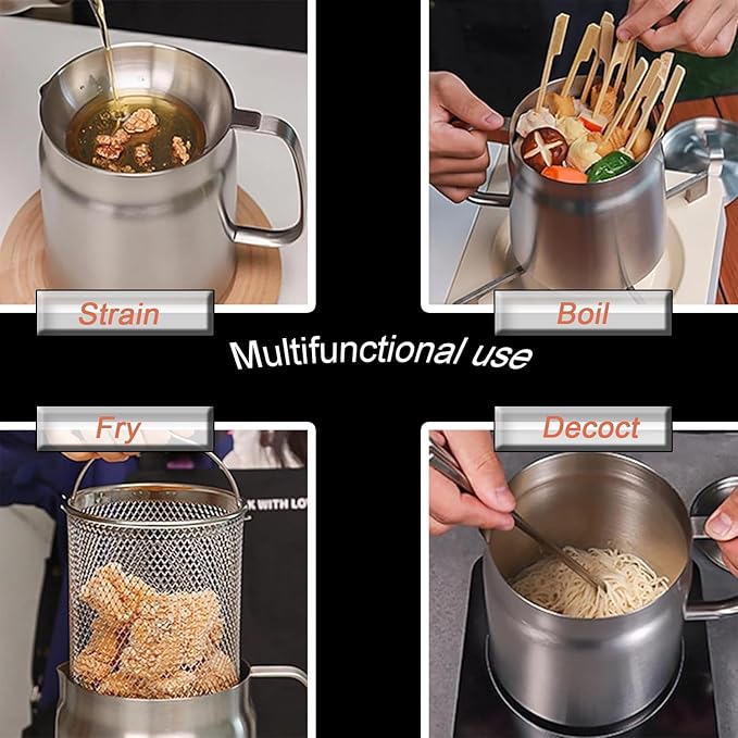 68oz/2L 304 Stainless Steel 3-in-1 Multifunctional Oil Strainer Pot, Deep Frying Basket, Grease Container for Kitchen
