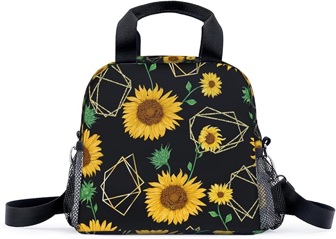 Yellow sunflower geometric shapes modern art Lunch Bag for Women Men Cute Large Capacity Thermal Lunch Tote Reusable Washable with Adjustable Shoulder Strap and Dual Large Mesh Side Pockets