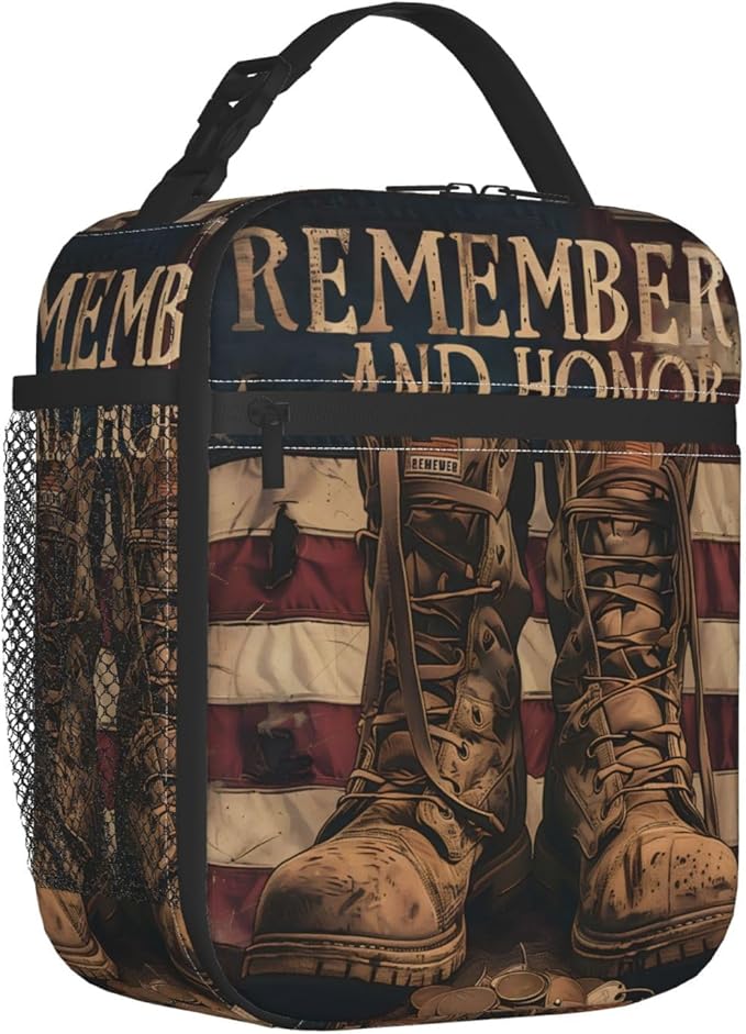 Vintage Military Boots Lunch Box for Women Men, Insulated Lunch Box, Reusable Lunch Bag for Office, Work, Picnic, Travel, American Flag Remember and Honor Military Tribute