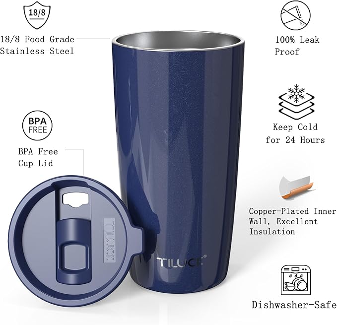 TILUCK 20 oz Tumbler with Leak-Proof Lid, Vacuum Insulated Stainless Steel Coffee Mug, Double-Walled Travel Tumbler for Hot and Cold Drinks(GlitterNavy, 20oz)
