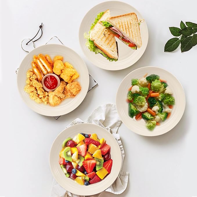 OAMCEG Wheat Straw Plates 12 Pack 9 Inch Unbreakable Plastic Plates Reusable, Dishwasher & Microwave Safe Wheat Straw Dinnerware Sets Kid-Friendly for Kitchen Outdoor Camping Salad, Beige