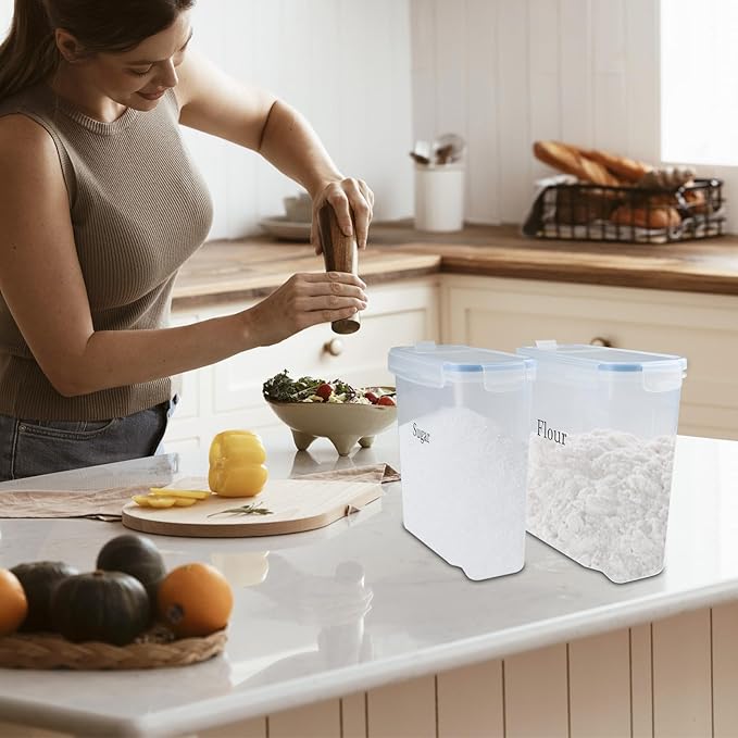 Sugar and Flour Canister 2 Set,Airtight Food Storage Containers with Secure Flap,Clear Plastic Kitchen Pantry Storages Organization,Canisters for Flour and Sugar,Rice,Cereal Storage Container