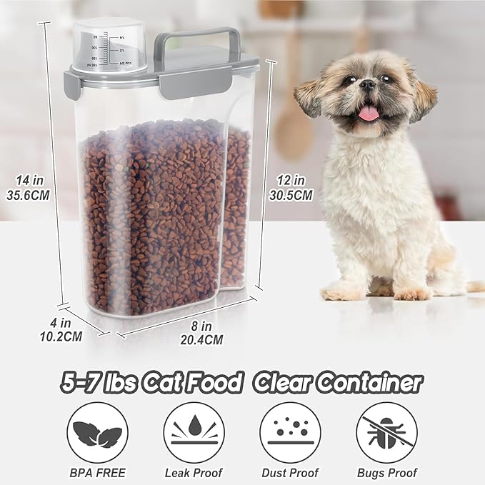 5-7Lbs Dog Cat Food Storage Container with Upgraded Large Nozzle BPA-free, 4 Snap Seals Plastic Pet Food Storage Containers with Handles (1, Light Gray, 5L)