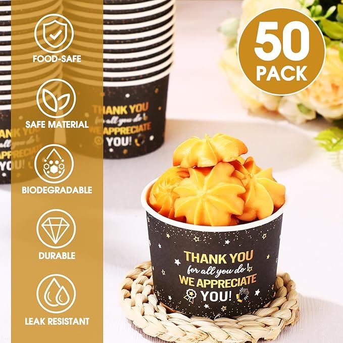 50 Pack We Appreciate You Snack Cups Thank You Paper Ice Cream Cups 9 oz Black Gold Disposable Dessert Bowl Paper Soup Bowl for Hot Cold Food Appreciate Teacher Employee Staff Party Supplies
