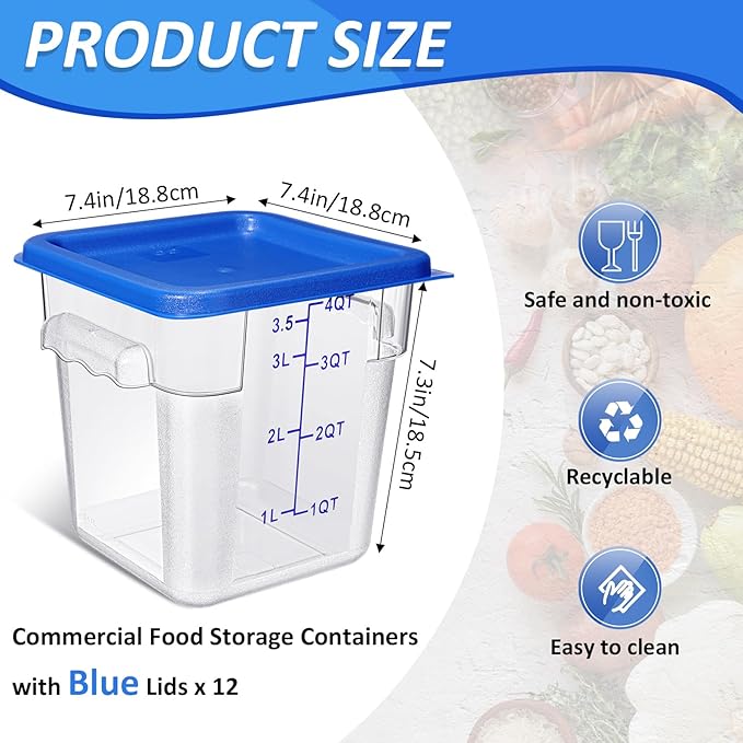 Yungyan 12 Pcs 6 Qt Commercial Food Storage Containers with blue Lids Restaurant Square Airtight Food Storage Containers Clear Cereal Container for Kitchen Freezer Dishwasher Pantry