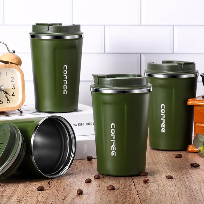 Sieral 4 Pcs 13 oz Travel Coffee Mug Insulated Reusable Coffee Cups with Leakproof Lid Stainless Steel Portable Tumbler for Keep Hot or Ice Milk Tea(Green)