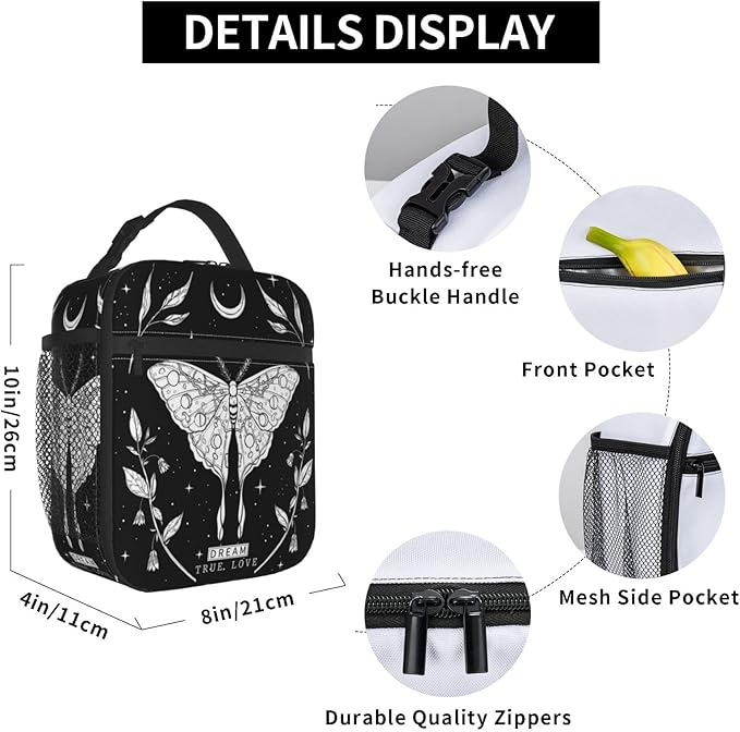 SUPLUCHOM Lunch Box Girl Black White Butterfly Moon Tarot Insulated Bag Reusable with Side Pocket for Work School Picnic Hiking Daytrip Kid Women Over 3 Years Old