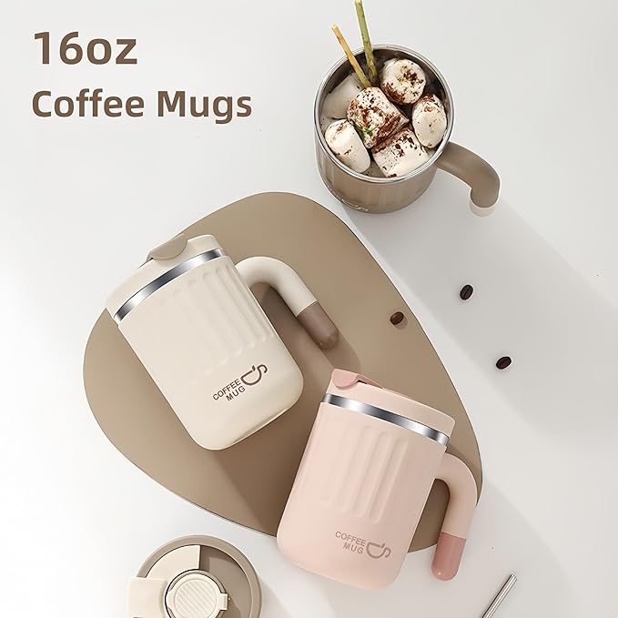 16oz Insulated Coffee Mugs - Ideal for Indoor Office Use. Features SUS 304 Inner, Double Wall Insulation, Detachable Silicone Ring. 3 Drinking Options. Available in White, Brown, Pink (White)