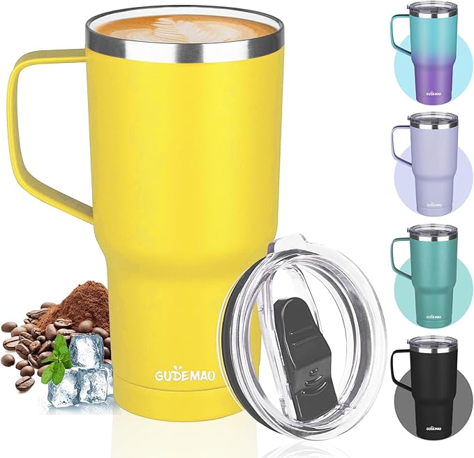 20 oz Insulated Coffee Mug with Ceramic Coating, Stainless Steel Travel Mug Tumbler with Handle Lid and Straw, Double Wall Leak-Proof Coffee Travel Mug Keeps Drink Hot and Cold (Orange)