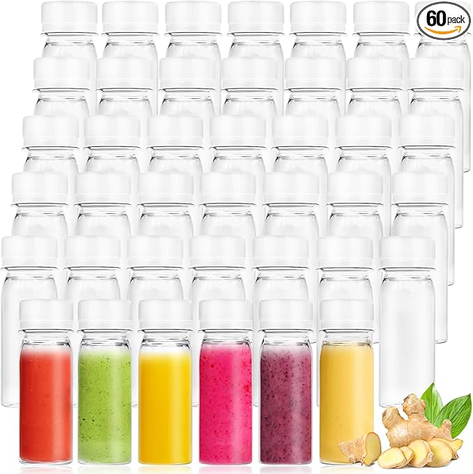 60Pcs 2oz Clear Plastic Bottles for Liquids,Reusable Ginger Shot Bottle with Lids,Small Empty Bottles Beverage Container Leak Proof for Juice,Drinks,Potion,Wellness,DIY,Wedding,Party,Travel(White)