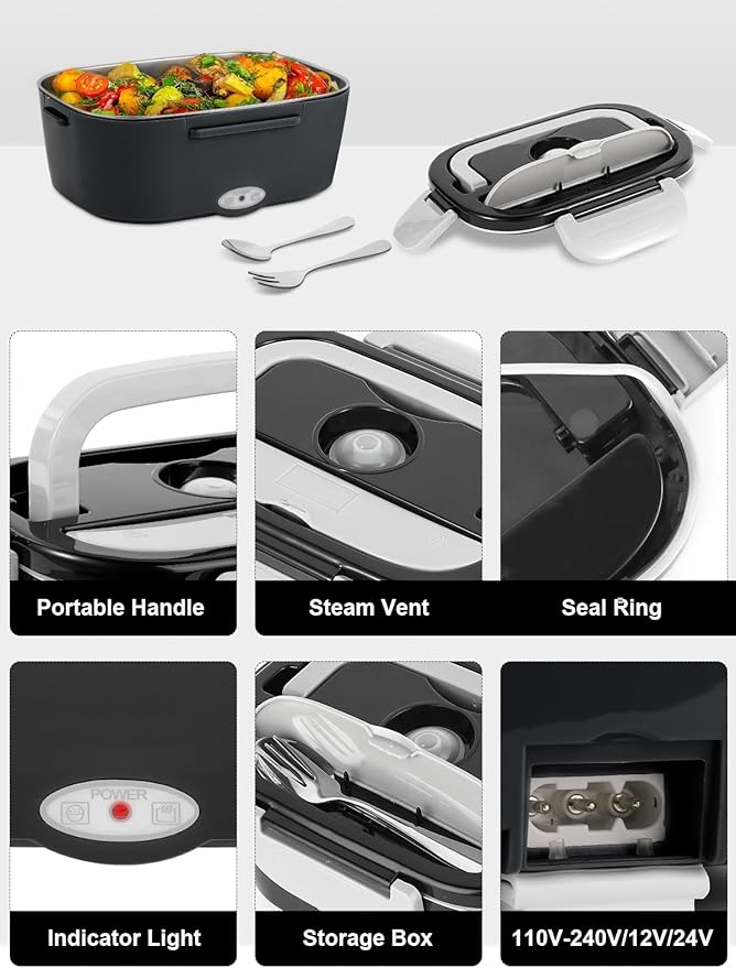 80W Electric Lunch Box for Adults, 1.5L Stainless Steel Food Warmer Lunchbox, 12V/24V/110V Portable Heated Lunch Box for Car/Truck/Office, Leak-Proof, Dishwasher-Safe with Fork & Spoon (Black)