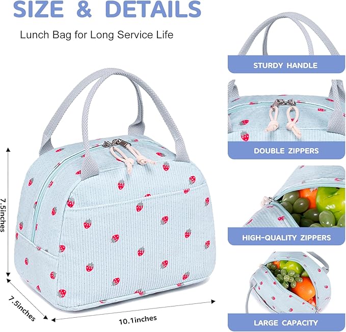 Bluboon Lunch Bag for Women Men Cute Corduroy Lunch Tote Bags Reusable Insulated Lunch Box Large Capacity Reusable Insulated Cooler for Work Picnic or Travel