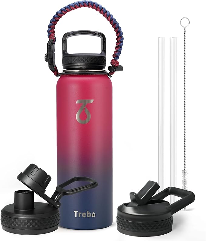 Trebo 40oz Water Bottle with 3 Lid and handle, Vacuum Insulated Stainless Steel Metal Outdoor Leakproof BPA-Free Flask, Keep Cold 48 Hours Water Jug, Best Gift for Men Women Holiday, Ruby Red