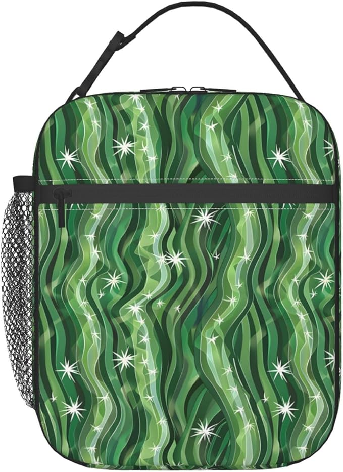 Abstract Wave Lunch Box,Insulated Lunchbox,Star and Green Stripe Design Bags,Reusable Cooler Lunchbag for Picnic,Travel,Office,Camping,Ideal Gifts for Women,Men,Adults