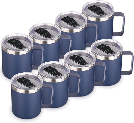 Volhoply 14oz Insulated Stainless Steel Coffee Mug with Lid Bulk 8 Pack,Double Wall Vacuum Travel Coffee Cup with Handle,Reusable Metal Cups Tumbler,Camping Mugs Keep Hot,Ideal Gifts(Navy,8)