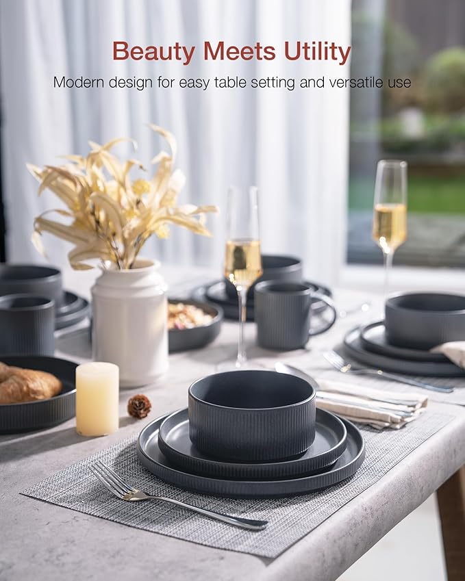 Famiware Star Dinnerware Set with Pasta Bowls, Service for 4 (16pcs), Ribbed Stoneware Plates and Bowls Dishes Sets - Chip & Scratch Resistant, Microwave & Dishwasher Safe, Matte Dark Charcoal