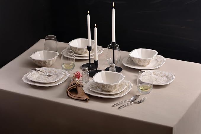 222 Fifth 12-Piece Porcelain Dinnerware Set for 4, Glossy Cream Plates and Bowls Set with Taupe Flowers, Elegant Square Ceramic Dish Set, Kitchen Tableware, Microwave & Dishwasher Safe, Batik Toile