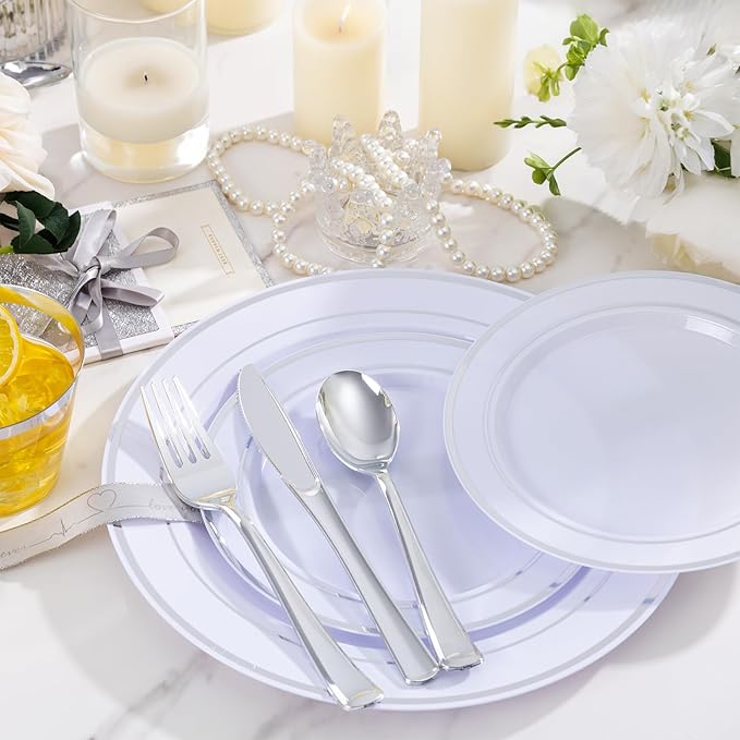 WELLIFE 600 PCS Silver Disposable Dinnerware Set for 100 Guests, Wedding Plates Silver Plastic Plates for Party, 100 Each-Dinner & Salad Plates, Cups, Forks Knives Spoons for Wedding and Anniversary