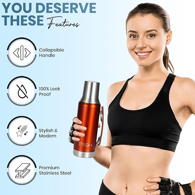 TEGH 40 oz insulated water bottle vacuum insulated wide mouth water bottle leakproof travel bottle BPA-free stainless steel water bottle hot and cold beverage bottle