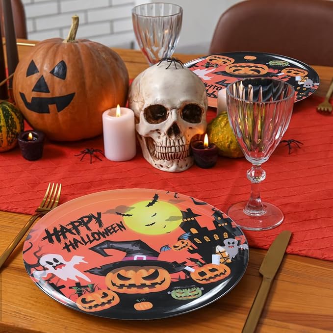 10-Inch Halloween Melamine Dinner Plates, 12-Piece Dishes Set, Lightweight & Stackable for Holidays& Decor‌ Party plates, Ideal for Salad,Dessert,Fruit and Cakes-Halloween Pattern