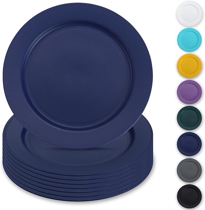 Berglander Plastic Plates Set of 8 Pieces 10", Blue Reusable Flat Dinner Plates, Salad Plates, Pasta Bowls, Dishes Set Easy to Carry for Home, Garden, Picnic, Camping, Outdoor
