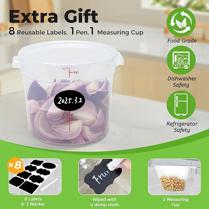4 Pack Round Food Storage Containers with Lids, 6Qt Translucent Food Containers, Polypropylene, BPA Free, Includes Labels & Measuring Cups
