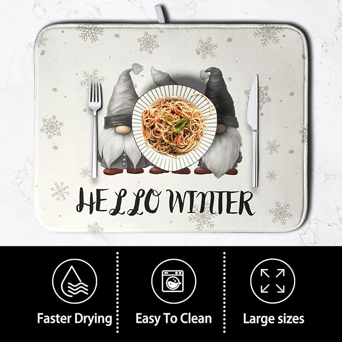 Winter Gnome Dish Drying Mat for Kitchen Counter 16x18 Christmas Snowflakes Santa Kitchen Drying Mat Hello Winter Dish Drainer Mat Super Absorbent Dish Rack Mat for Coffee Bar Countertop