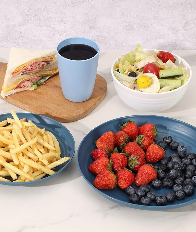 Quatish 24 Piece Plates and Bowls Sets for 6, Unbreakable Dinnerware Sets, Plastic Dish Set for Camping, Dishwasher Microwave Safe, Outdoor Kitchen and Apartment Dinning RV Essentials, Blue