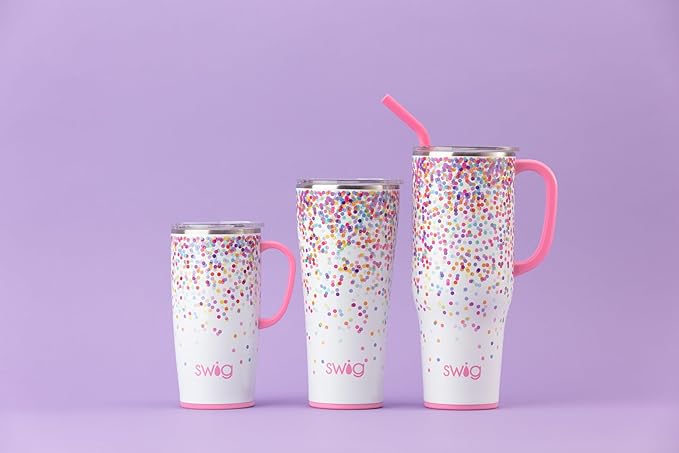 Swig Life 22oz Travel Mug, Insulated Tumbler with Handle and Lid, Cup Holder Friendly, Dishwasher Safe, Stainless Steel, Travel Coffee Cup, Insulated Mug with Lid (Confetti)