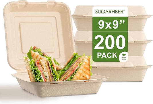 [200 COUNT]Sugarfiber by Harvest Pack PFAS FREE 9 X 9" Compostable Clamshell Food Containers, Heavy-Duty Hinged Container, Disposable Bagasse Eco-Friendly Natural Sugarcane Takeout to go Box