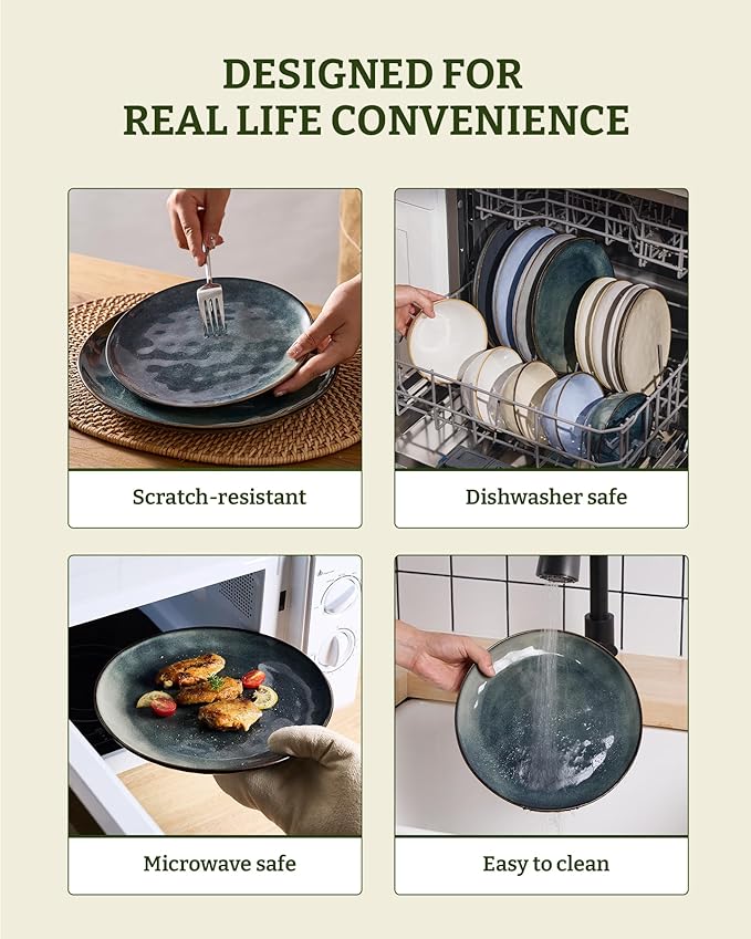 Famiware Dinnerware Sets for 4, Ocean Round 12-Piece Kitchen Plates and Bowls Sets, Reactive Glaze, Microwave and Dishwasher Safe, Scratch Resistant, Deep Forest