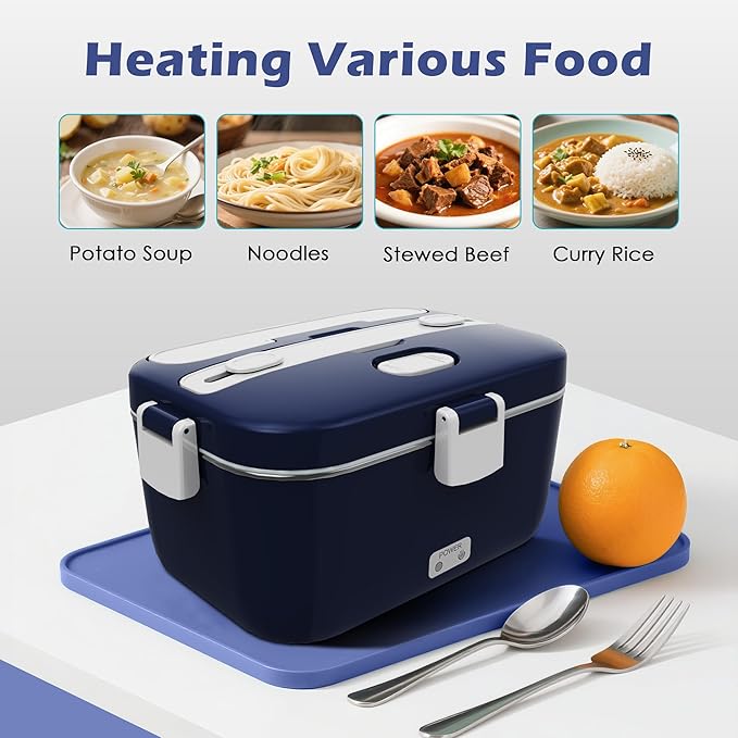 100W Electric Lunch Box Food Heated 12V 24V 110V Fast Food Warmer Heater for Car/Truck/Home Portable Food Heating Boxes with 1.8L 304 SS Container 0.45L Compartment(Royal Blue+White)