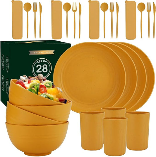 28-Piece Wheat Straw Dinnerware Sets, Microwave & Dishwasher Safe Unbreakable Dinnerware Set, Reusable Dishware Sets, Lightweight Camping Dishes, Plates, Cups, Cereal Bowls for 4(Yellow Orange)