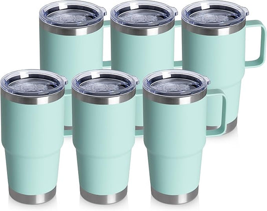 20oz Tumbler Bulk with Lid, Stainless Steel Tumbler Bulk with Handle, Metal Insulated Travel Coffee Mug Set with Handle, Double Wall Vacuum Leak Proof Tumbler Cup, Mint Green 6 Pack
