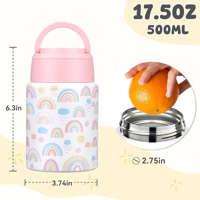 17oz Soup Thermo for Hot Food Kids Insulated Food Jar,Thermo Hot Food Lunch Container, Width Mouth Stainless Steel Lunch Box for Kids with Handle Folding Spoon(White - Little Rainbow)