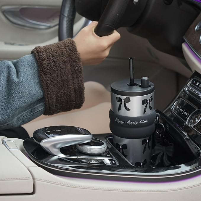 24 oz Stainless Steel Tumbler with Lid and Straw, Insulated Water Bottle Leak Proof for Hot and Cold, Portable Travel Coffee Mug, Reusable Coffee Cup for Women, Bow