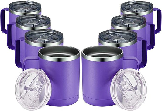MEWAY 12oz Coffee Mug With Handle 8 Pack Bulk,Stainless Steel Insulated Travel Tumblers With Sliding Lid,Double Wall Vacuum Camping Cup for Hot & Cold Drinks Tea (Purple,Set of 8)