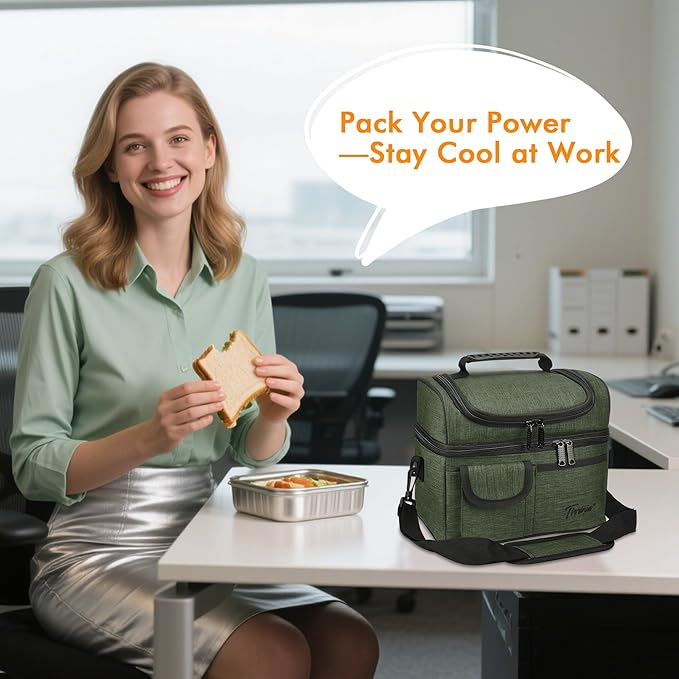 Tirrinia Reusable Lunch Box for Men Women, Insulated Lunch Bag Adult Work, Double Decker Leakproof Lunchbox for Office Picnic Beach—Dual Compartment Lunch Cooler Bag,Green